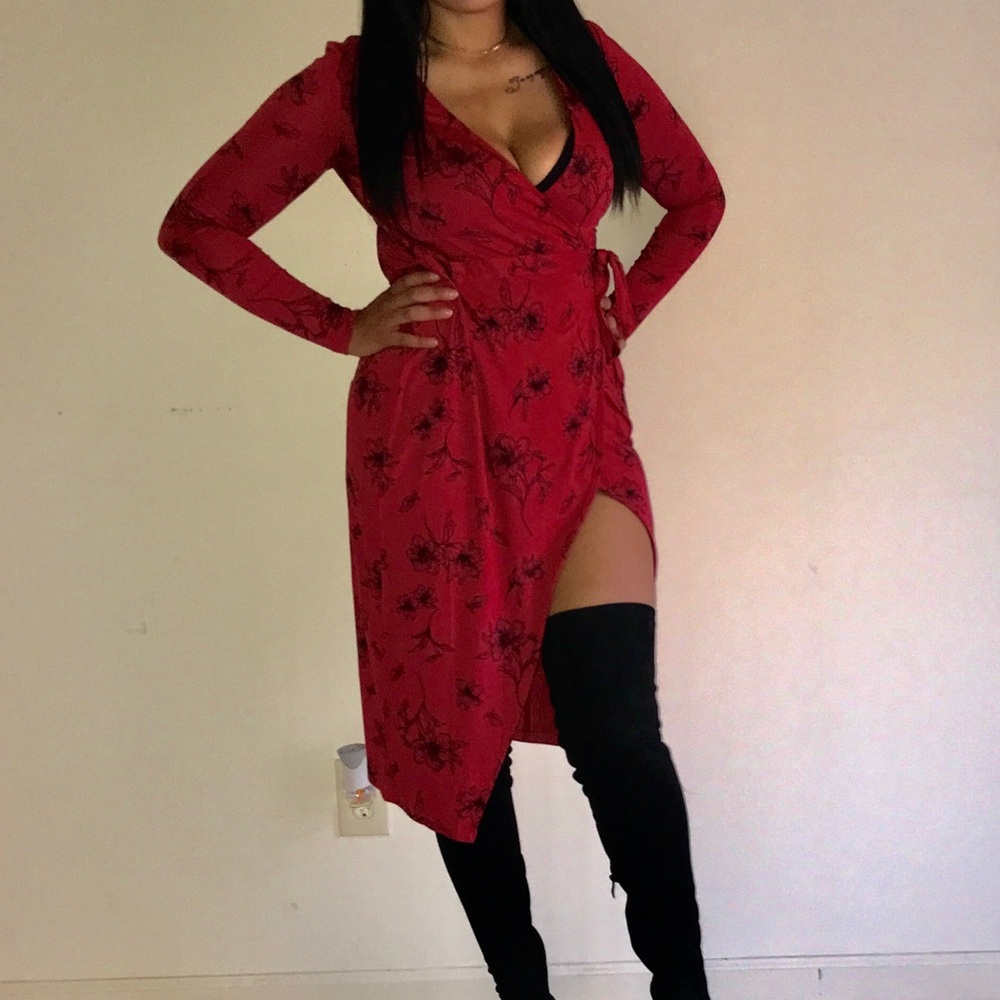 Red Floral wrap dress